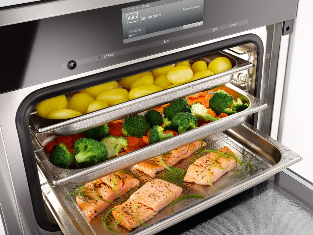 Miele combi steam oven open with food